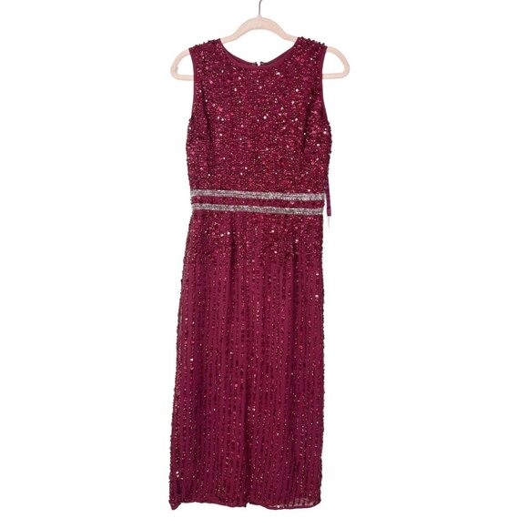 FLAW - Mac Duggal Sleeveless High Neck Beaded Midi Sheath Dress Burgundy 6 #9850 - Picture 4 of 11